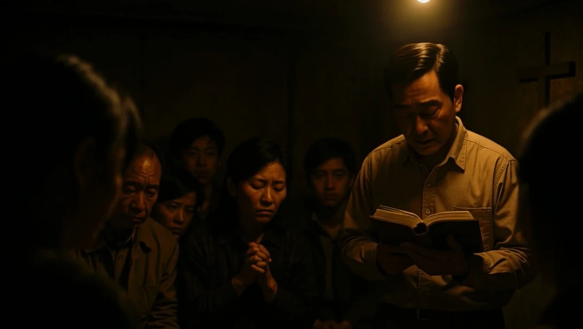 A candlelit underground gathering — a man reads scripture to a small group.